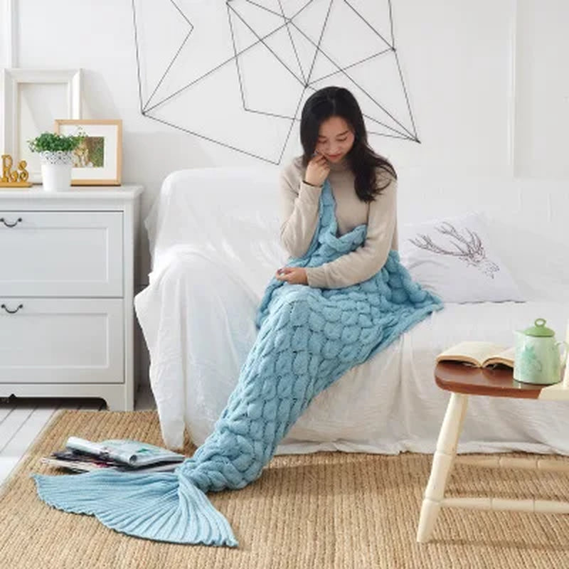 180*90Cm Big Mermaid Tail Blanket Crochet Mermaid Blanket for Adult, Soft All Seasons Sleeping Blankets