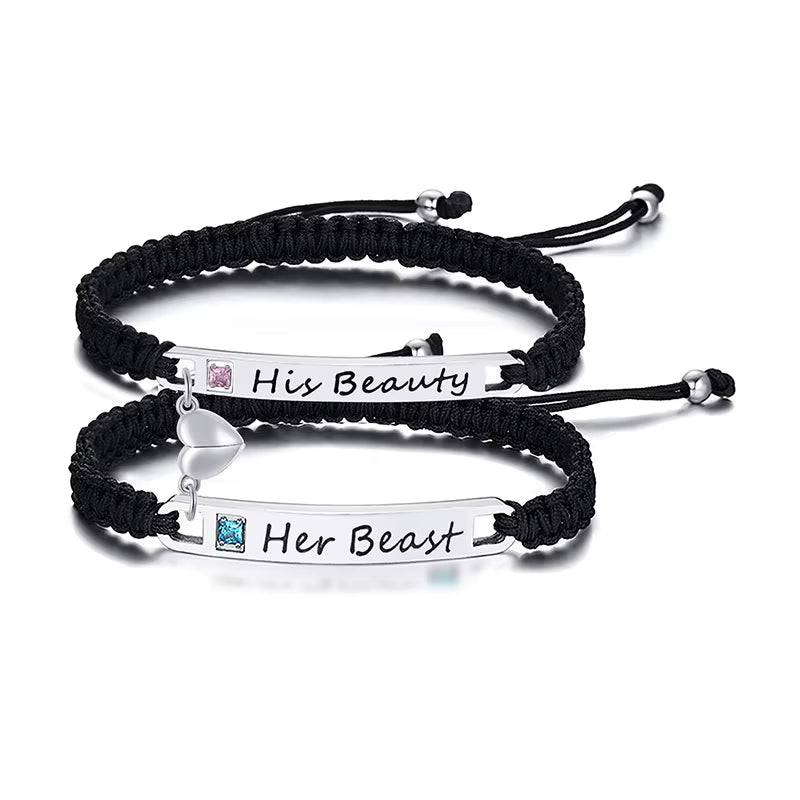 Attractive Heart His and Hers Handmade Rope Braided Couple Bracelets for Women Men,Custom Matching Set Gifts for Lover