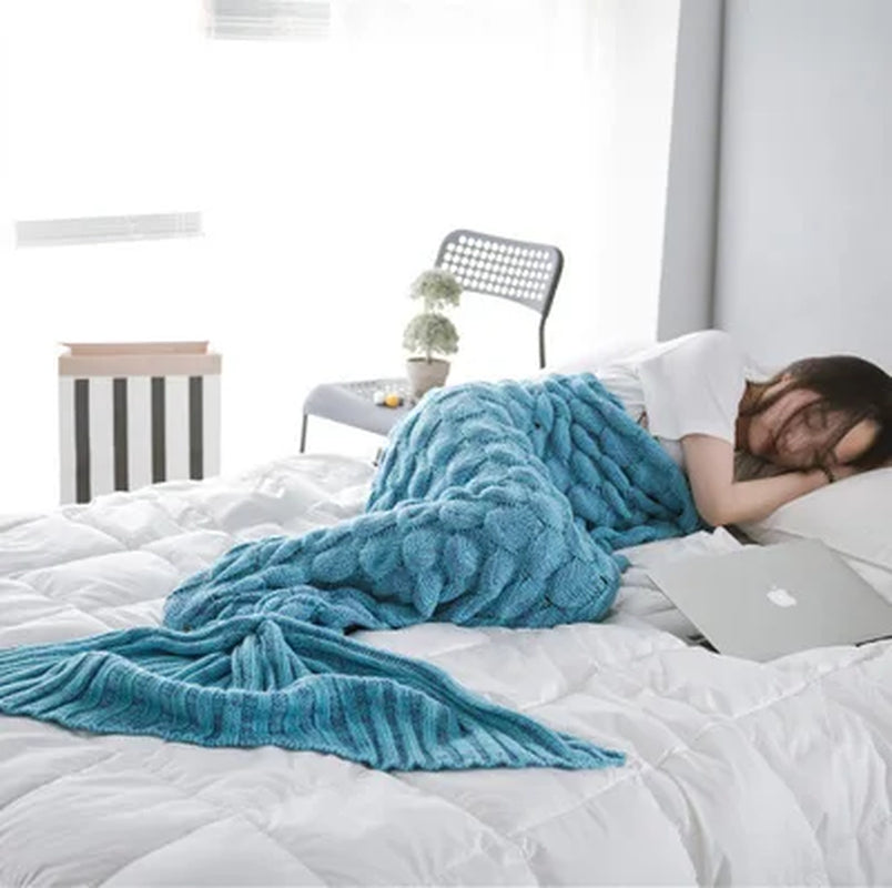 180*90Cm Big Mermaid Tail Blanket Crochet Mermaid Blanket for Adult, Soft All Seasons Sleeping Blankets