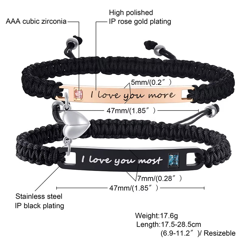 Attractive Heart His and Hers Handmade Rope Braided Couple Bracelets for Women Men,Custom Matching Set Gifts for Lover