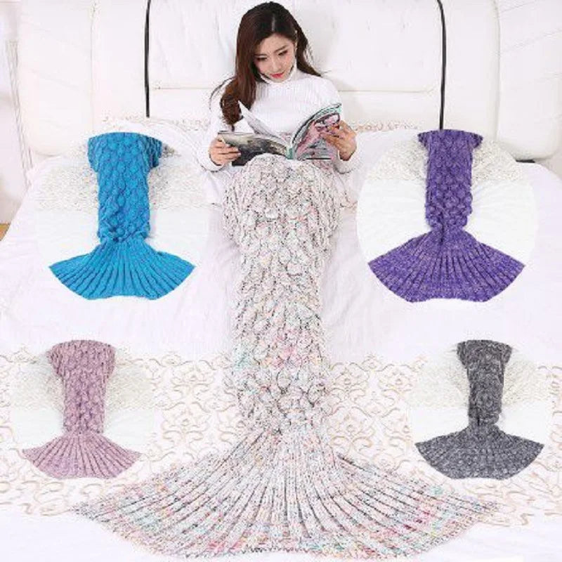 180*90Cm Big Mermaid Tail Blanket Crochet Mermaid Blanket for Adult, Soft All Seasons Sleeping Blankets