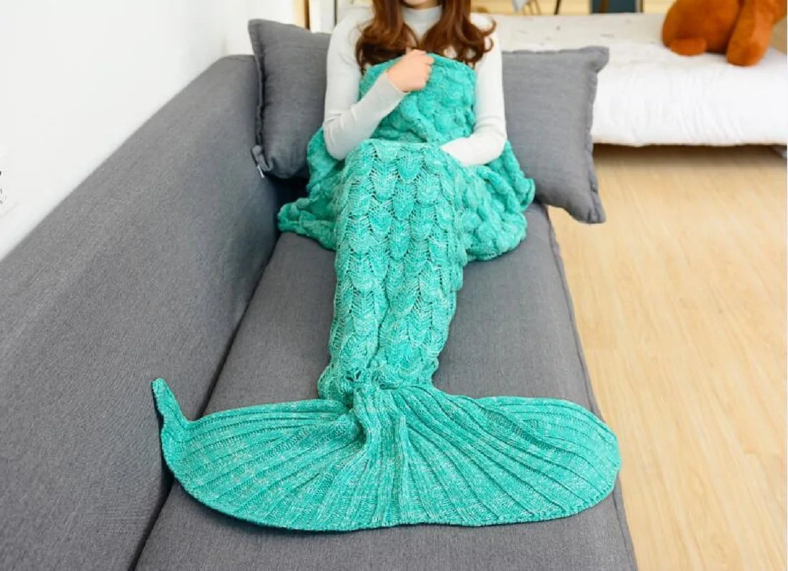 180*90Cm Big Mermaid Tail Blanket Crochet Mermaid Blanket for Adult, Soft All Seasons Sleeping Blankets